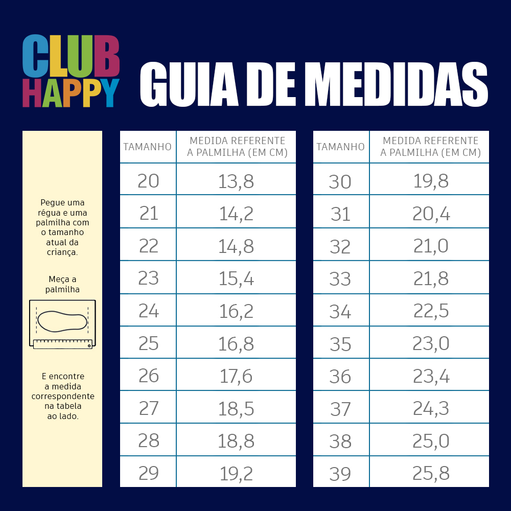 Guia de medidas Club Happy: tamanhos 20 ao 39 e medida da palmilha em centímetros